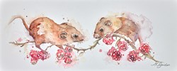 Berry Feast- Field Mice by Amanda Gordon - Original on Paper sized 18x7 inches. Available from Whitewall Galleries